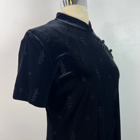 Molly Malloy Petite Vintage Black Velvet Maxi Dress Mock Neck Asian Floral Sz 8 - Picture 7 of 16